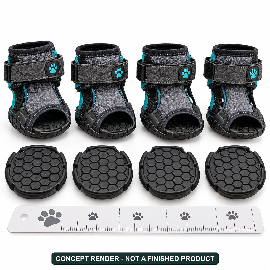 Padkind Sling concept render: four paw sleeves with replaceable hex-grip pads and measuring guide (AI concept, not a finished product)
