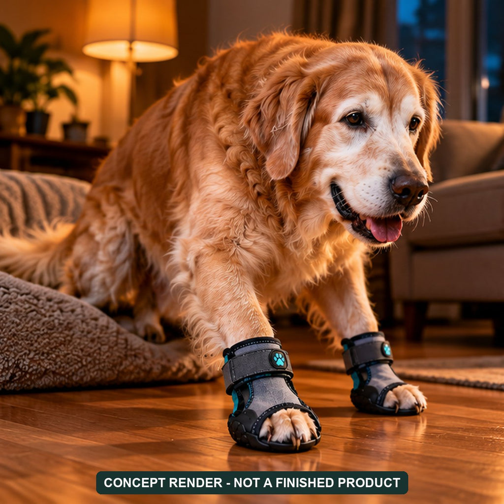 Padkind Sling concept render: senior golden retriever standing up on a hardwood floor (AI concept, not a finished product)