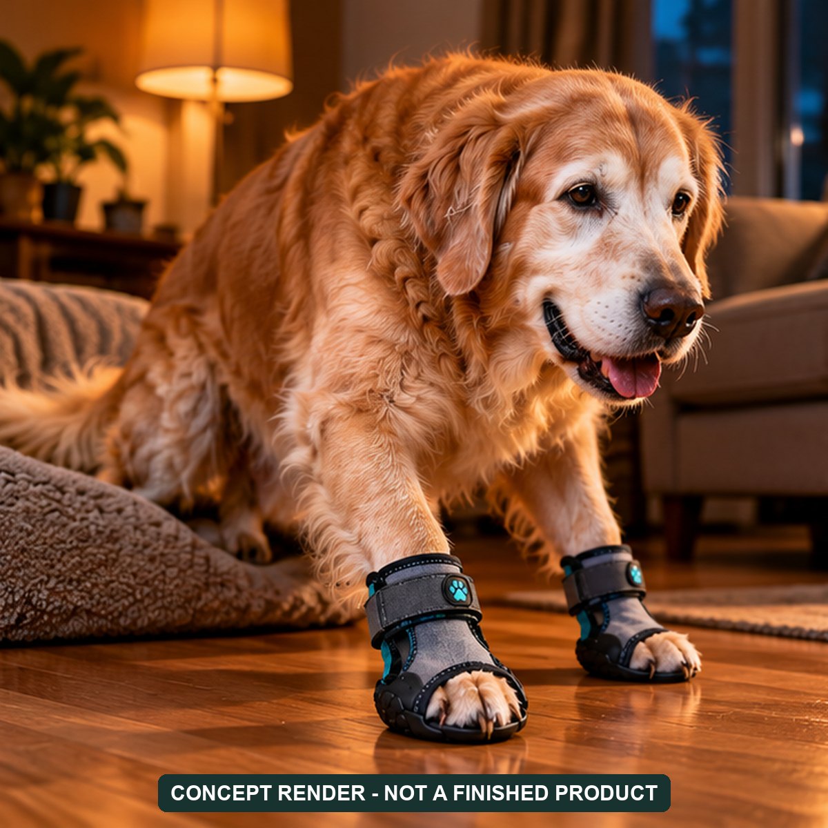 Padkind Sling concept render: senior golden retriever standing up on a hardwood floor (AI concept, not a finished product)