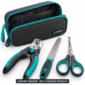 Padkind Grip Prep Kit concept render: nail clippers with safety guard, nail file and round-tip pad fur scissors with a zip pouch (AI concept, not a finished product)