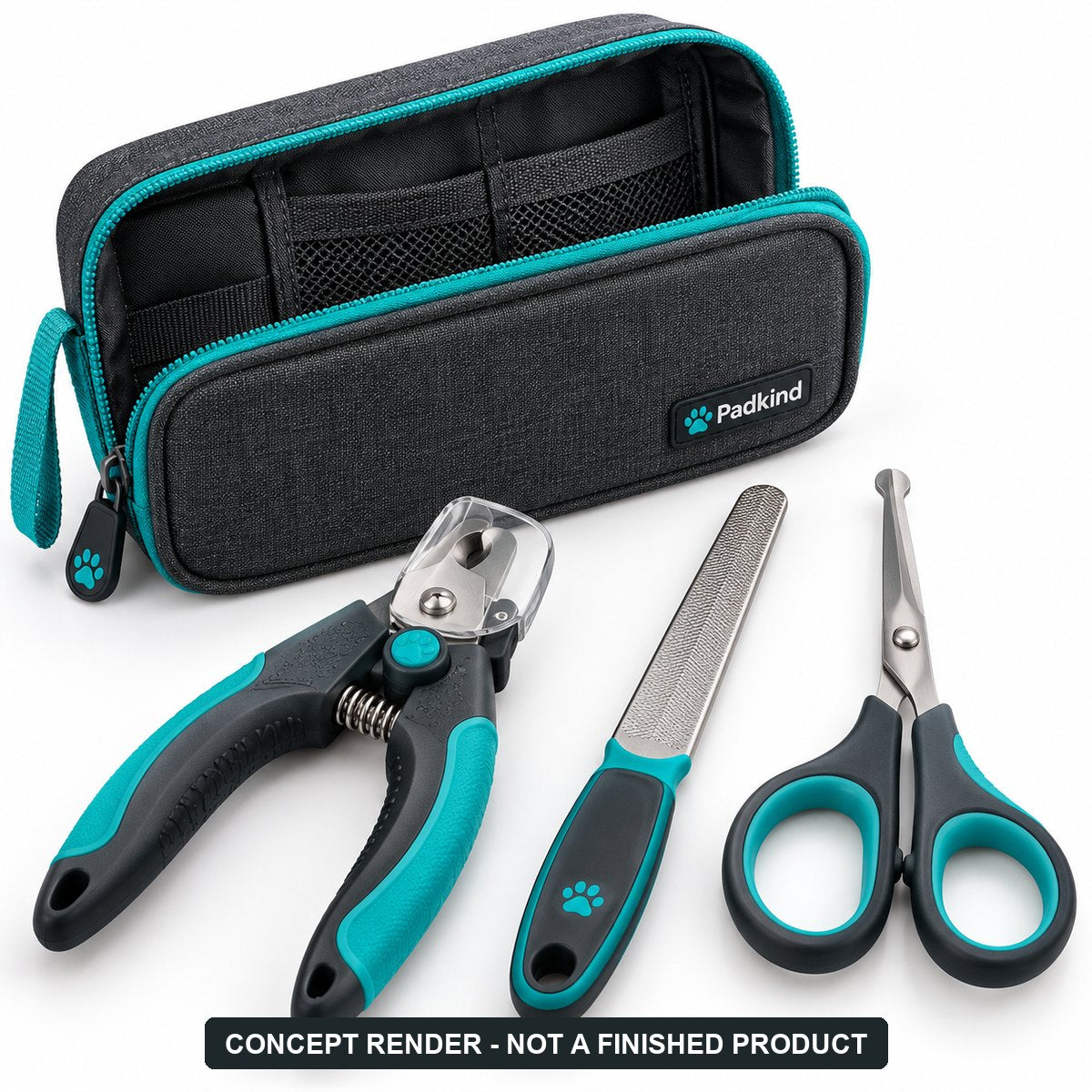 Padkind Grip Prep Kit concept render: nail clippers with safety guard, nail file and round-tip pad fur scissors with a zip pouch (AI concept, not a finished product)