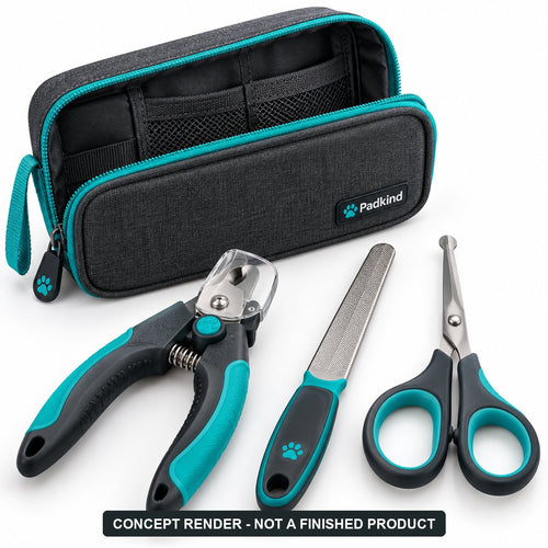 Padkind Grip Prep Kit concept render: nail clippers with safety guard, nail file and round-tip pad fur scissors with a zip pouch (AI concept, not a finished product)