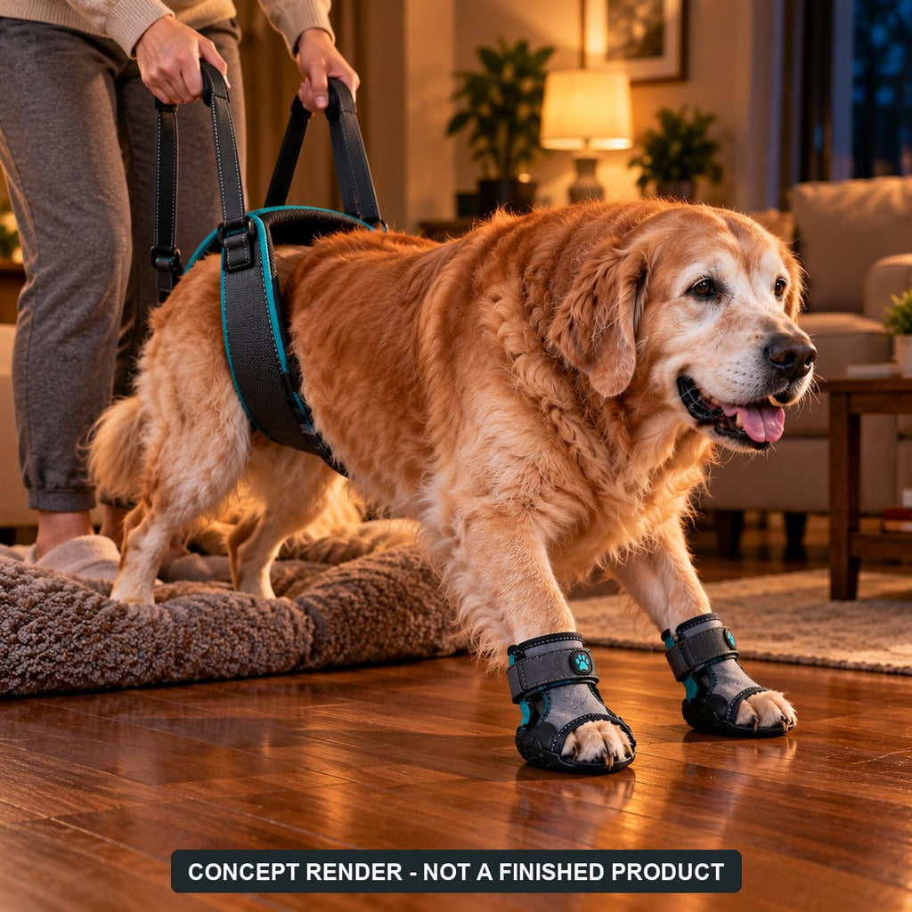 Padkind Rear Lift Sling concept render: owner steadying a senior golden retriever with a padded sling on a hardwood floor (AI concept, not a finished product)