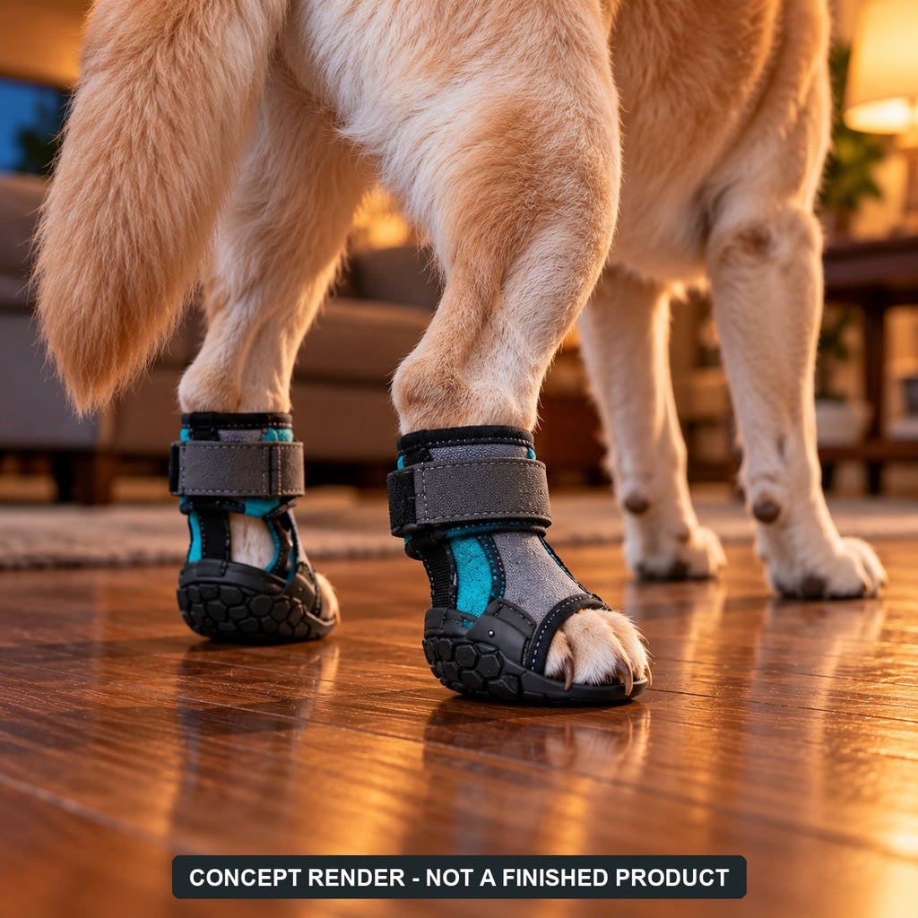 Padkind Sling Rear Pair concept render: two sleeves on the back paws of a senior dog on hardwood (AI concept, not a finished product)
