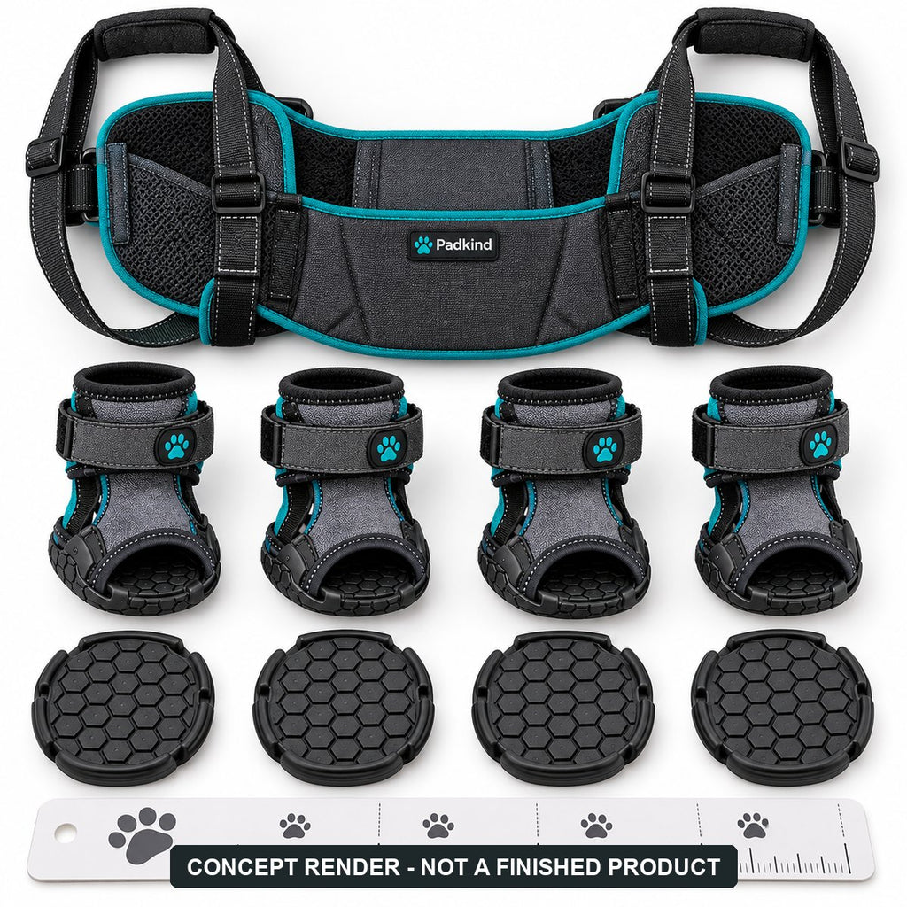 Padkind Night Get-Up Bundle concept render: rear lift sling with four paw sleeves, pads and measuring guide (AI concept, not a finished product)