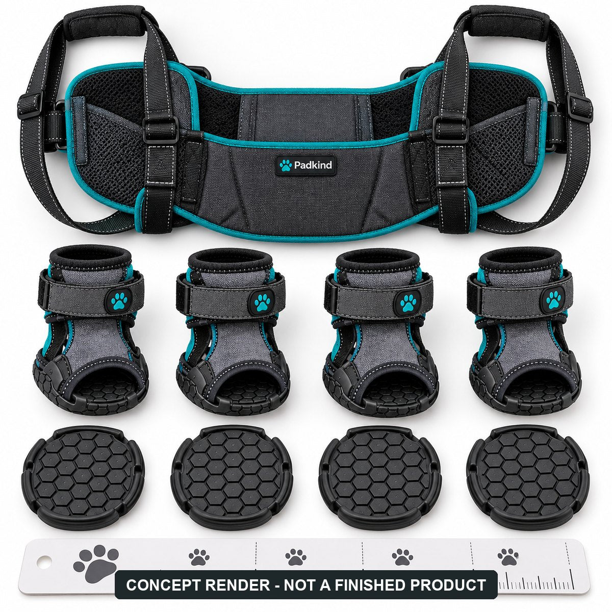 Padkind Night Get-Up Bundle concept render: rear lift sling with four paw sleeves, pads and measuring guide (AI concept, not a finished product)