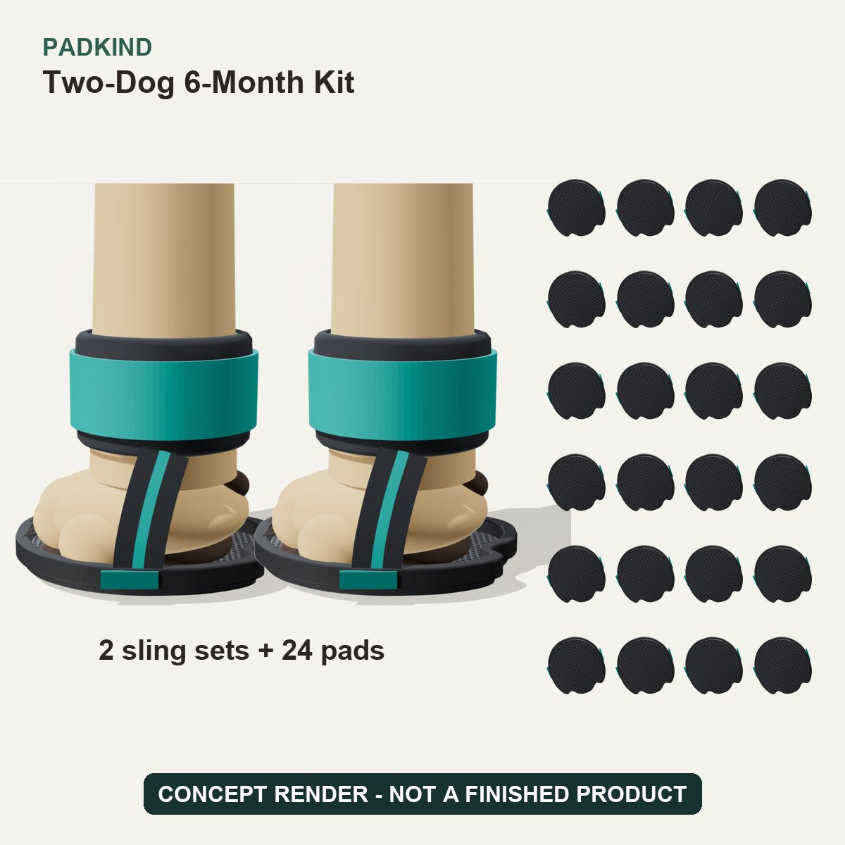 Concept render: two Padkind Sling sets plus 24 pads - not a finished product